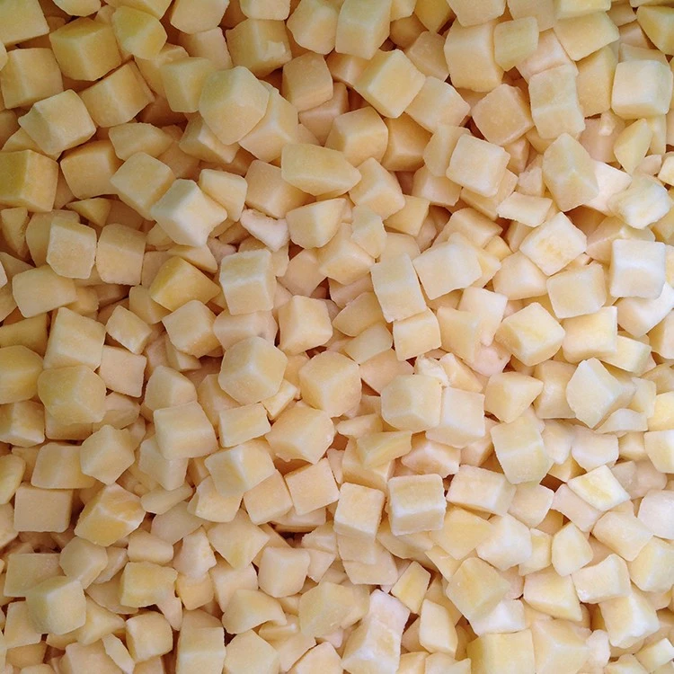 Plain blanched IQF white potato dice showing cream colour and natural cut variation